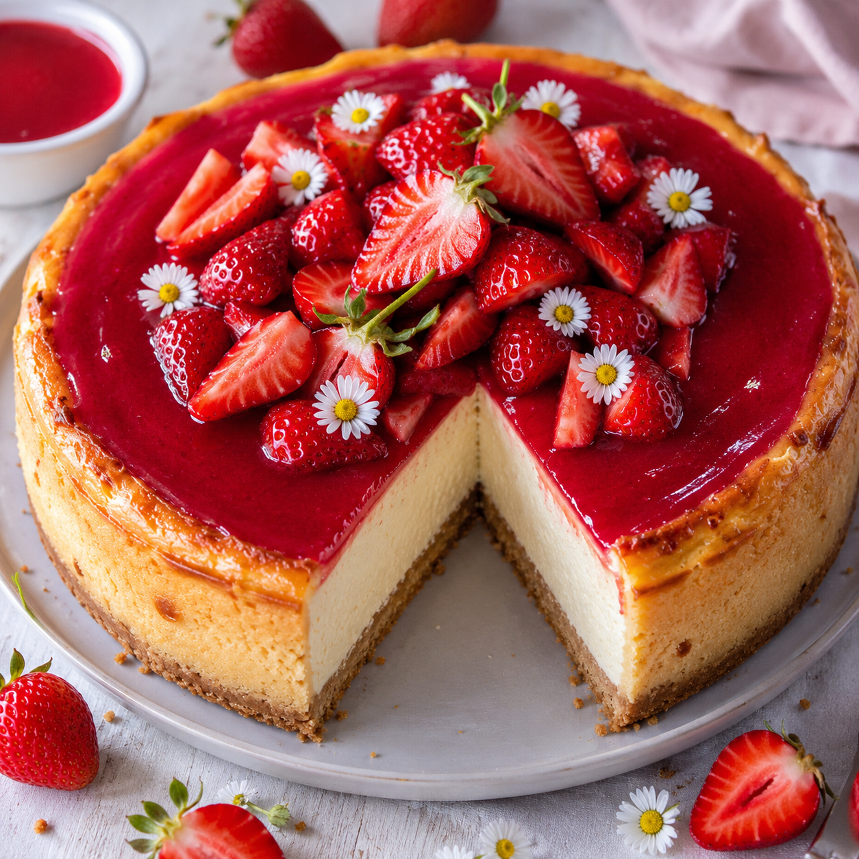 Epres sült sajttorta friss eperrel és gyümölcsös öntettel