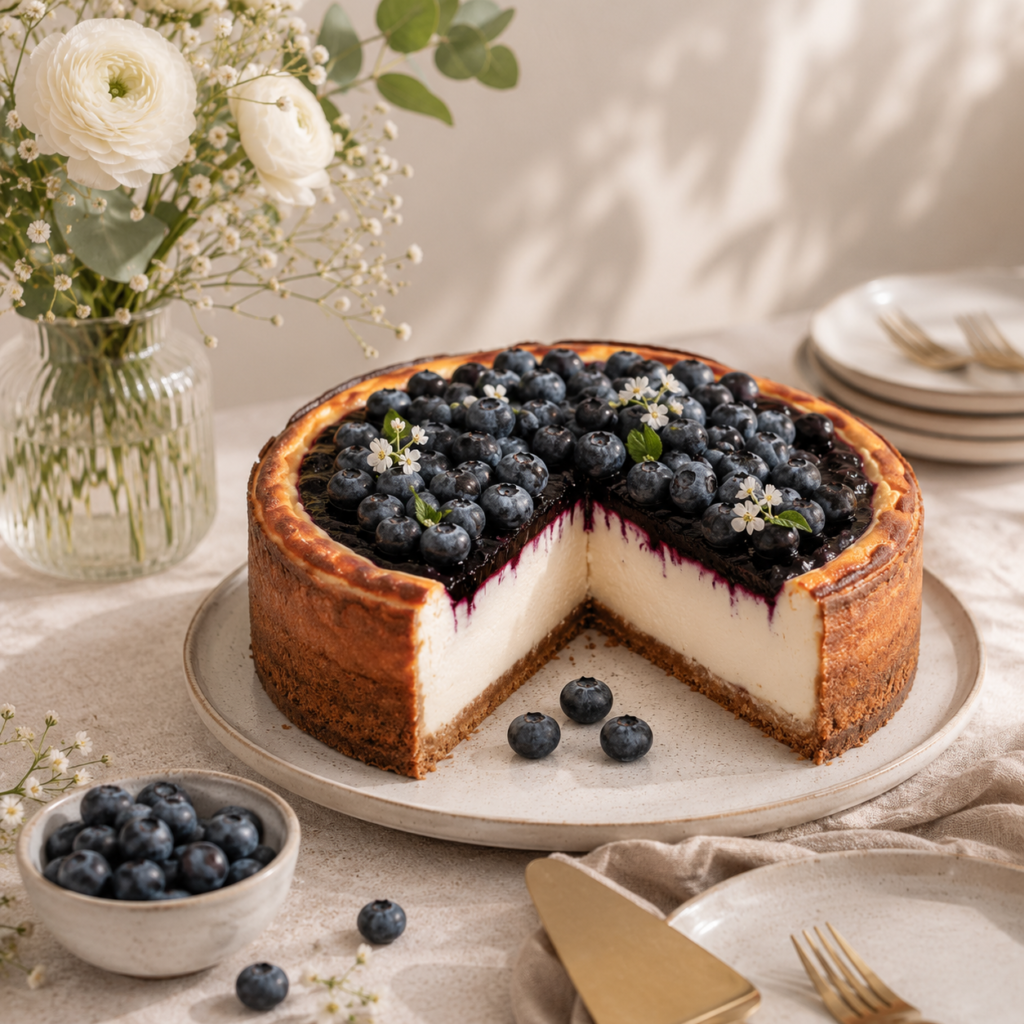 Áfonyás sült sajttorta krémes töltelékkel és friss áfonyával