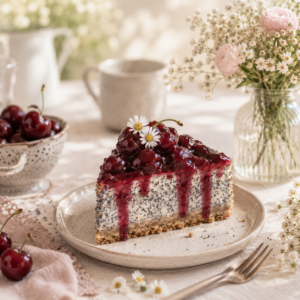 Mákos-meggyes sült sajttorta meggyes öntettel és krémes töltelékkel