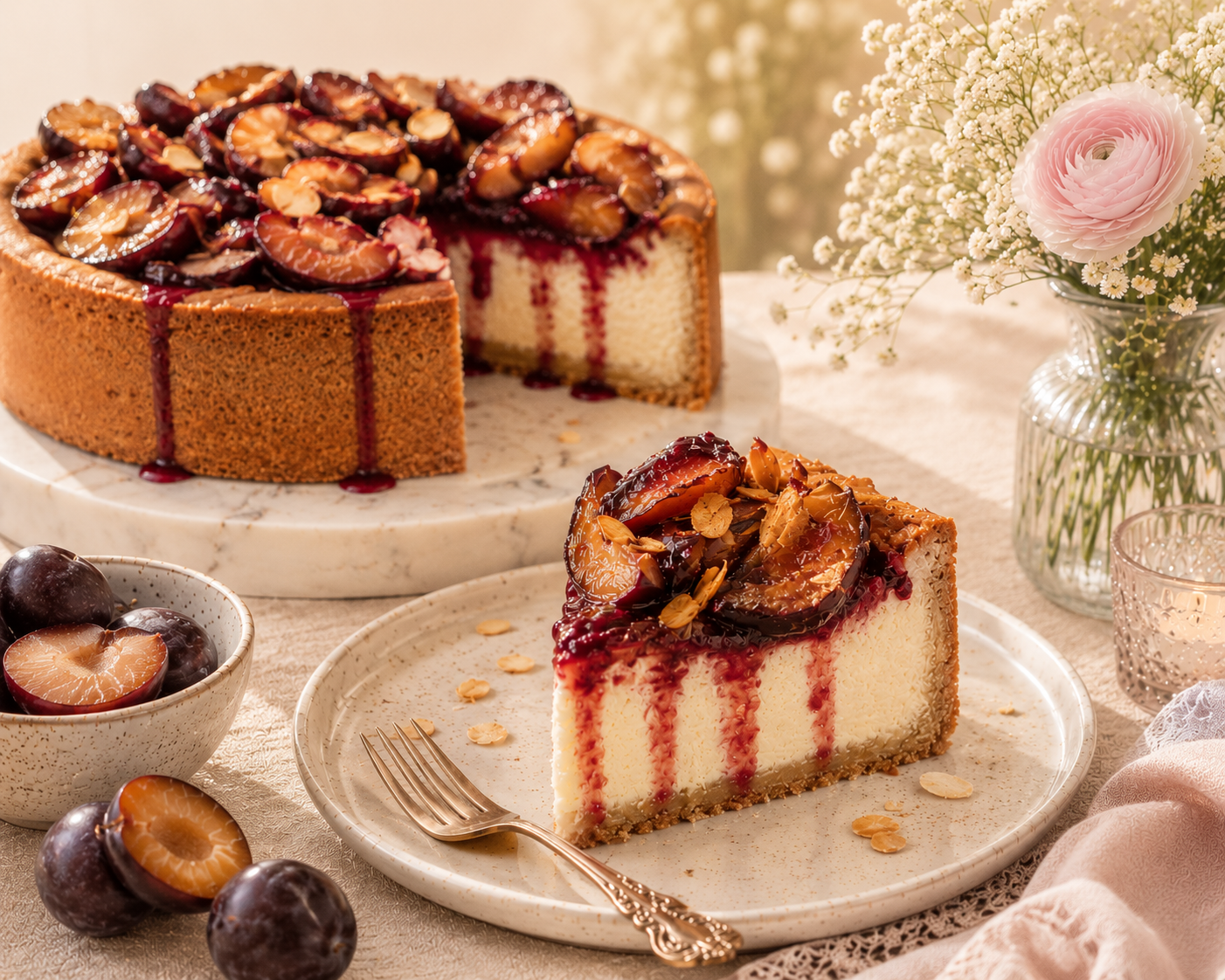 Szilvás-fahéjas sült sajttorta sült szilvával és omlós tésztával